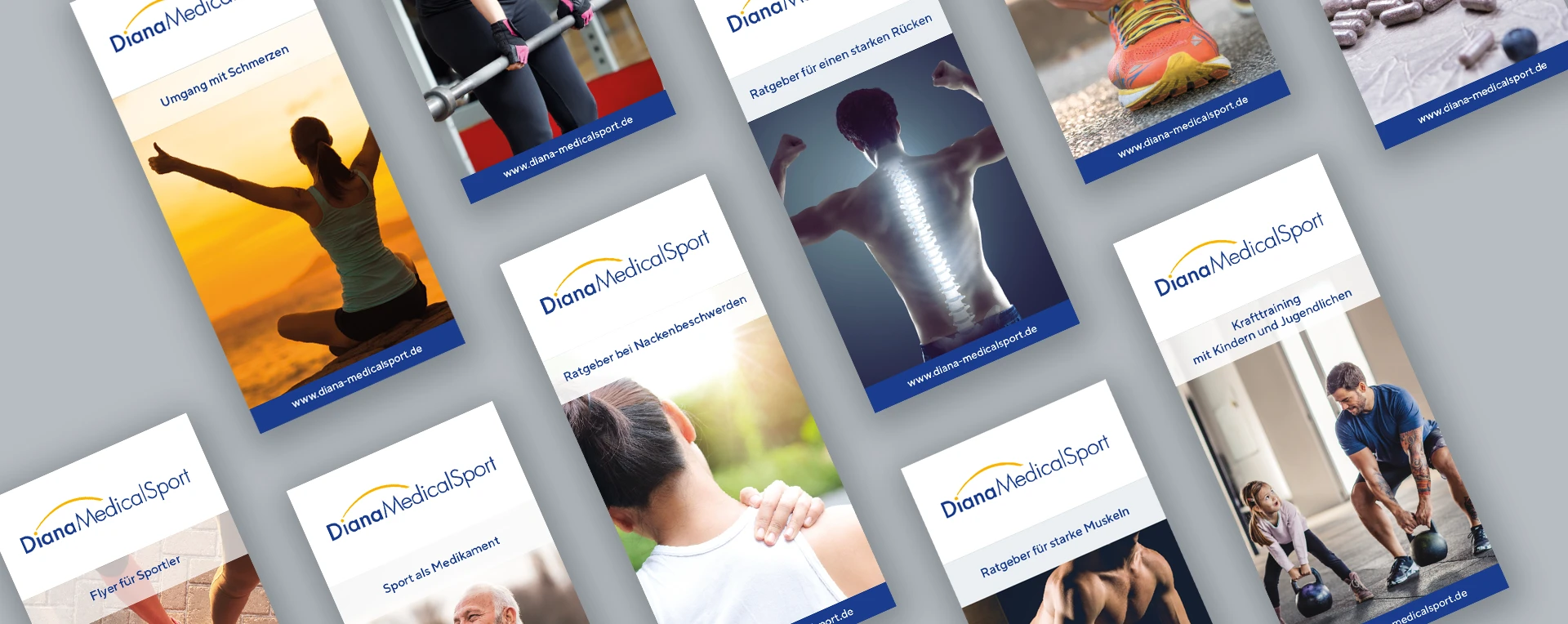 Diverse Info-Flyer von DianaMedicalSport zu Gesundheitsthemen wie Training, Ernährung und Prävention. 